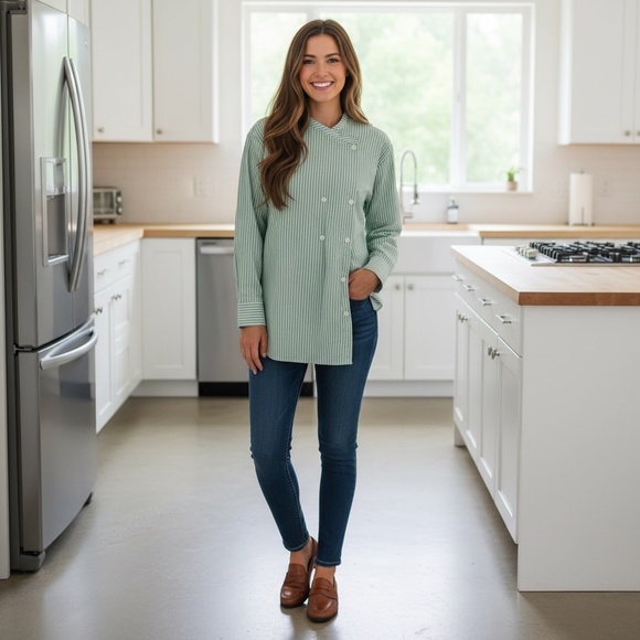 ROUCHA Green White Twist Stripe Shirt Double Breasted Academia BB Medium Short - Picture 1 of 13